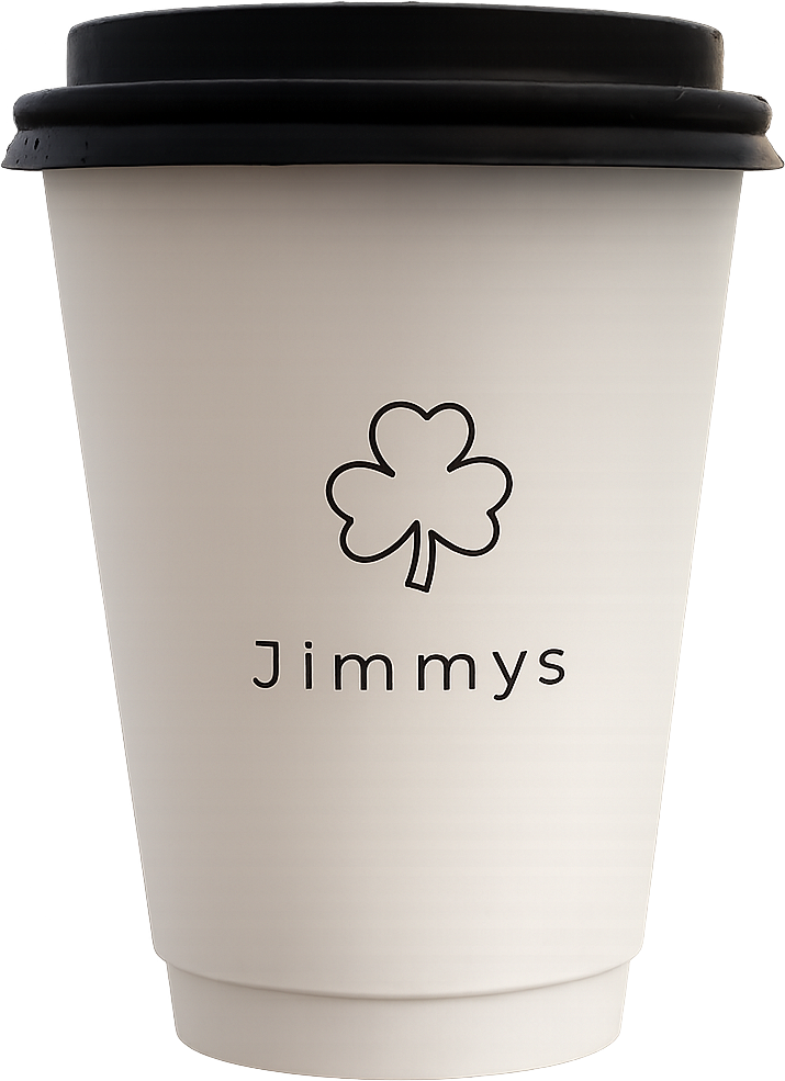 Jimmy's signature flat white hot cup with black lid