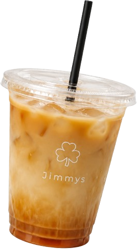 Jimmy's iced gourmet latte glass with straw and brownie bite